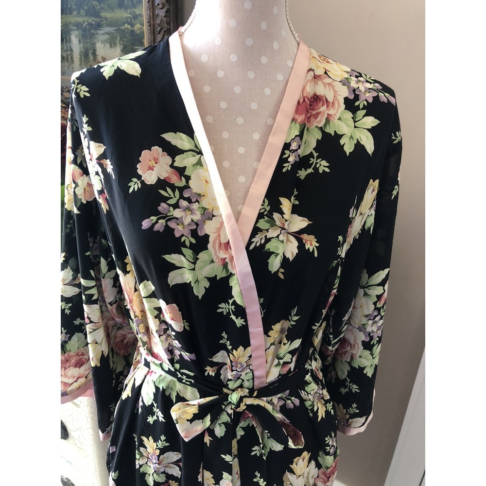 Vintage Oscar de la Renta Pink Label Black & Pink Floral Robe Size Small - Picture 2 of 13